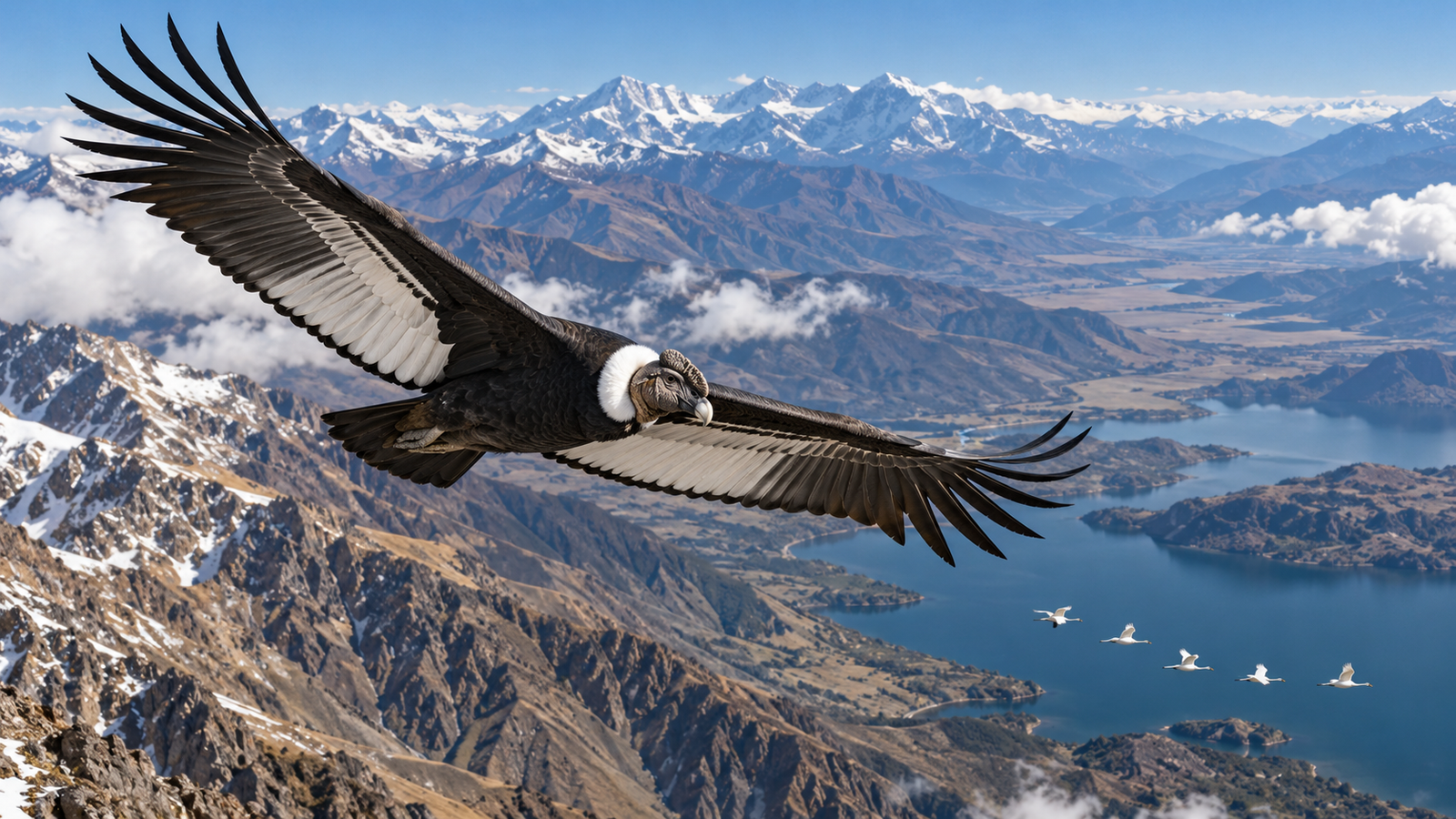 Andean condor soaring above mountains