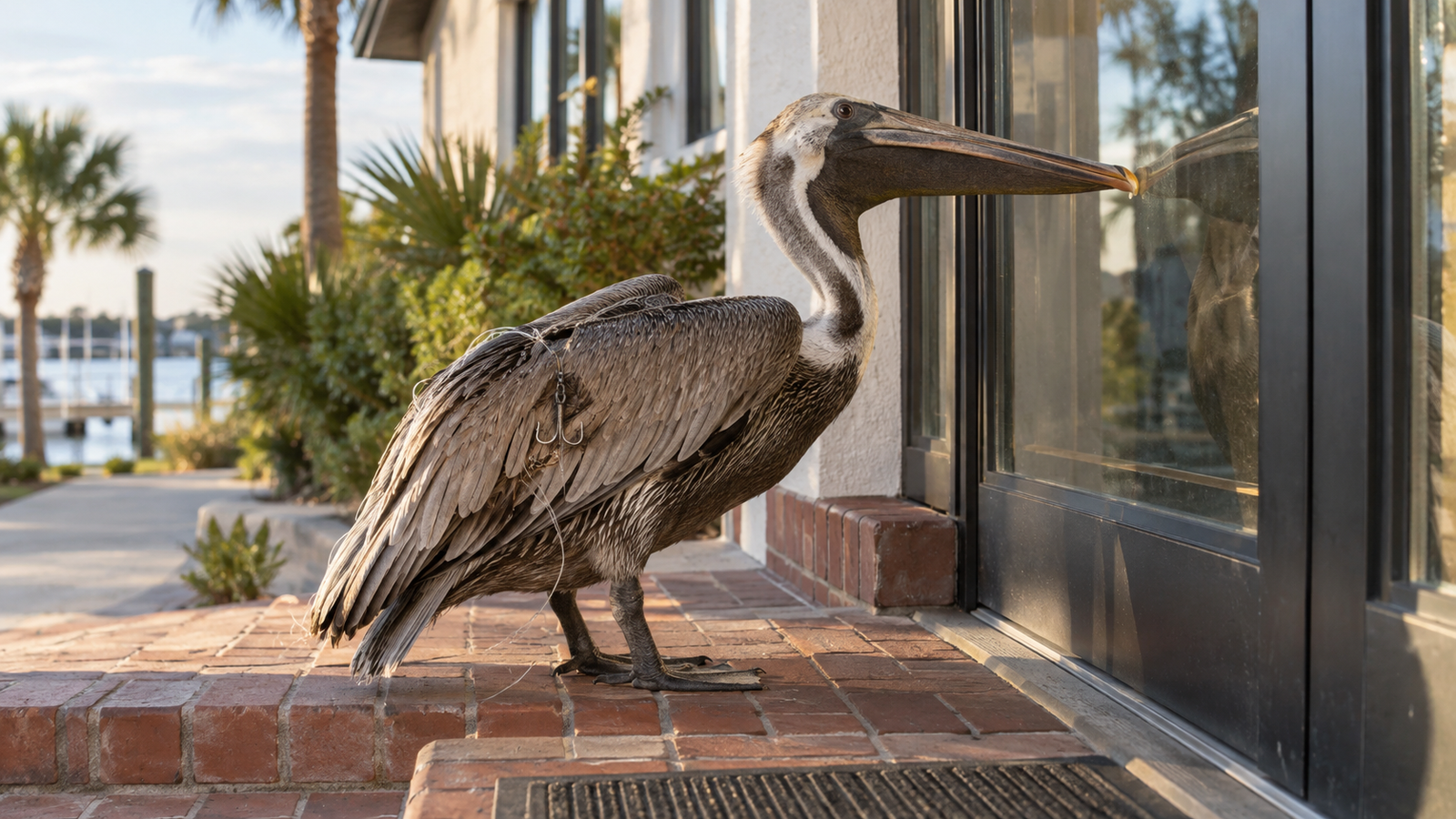 A brown pelican waiting beside a coastal research building with fishing line caught around one wing