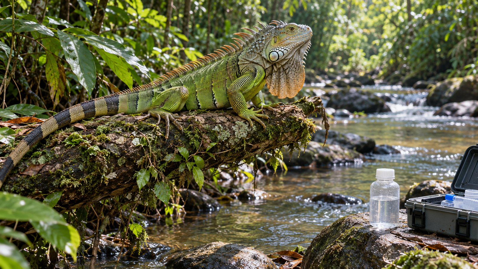 Common green iguana beside a tropical stream