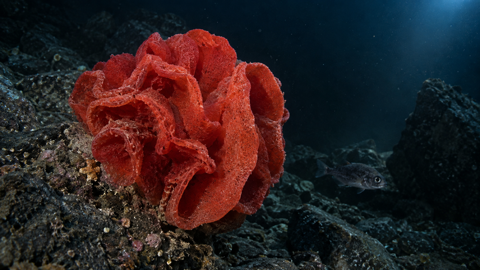 A red Polycapus rubrum deep-sea sponge on the Gulf of Alaska seafloor illuminated by research lights