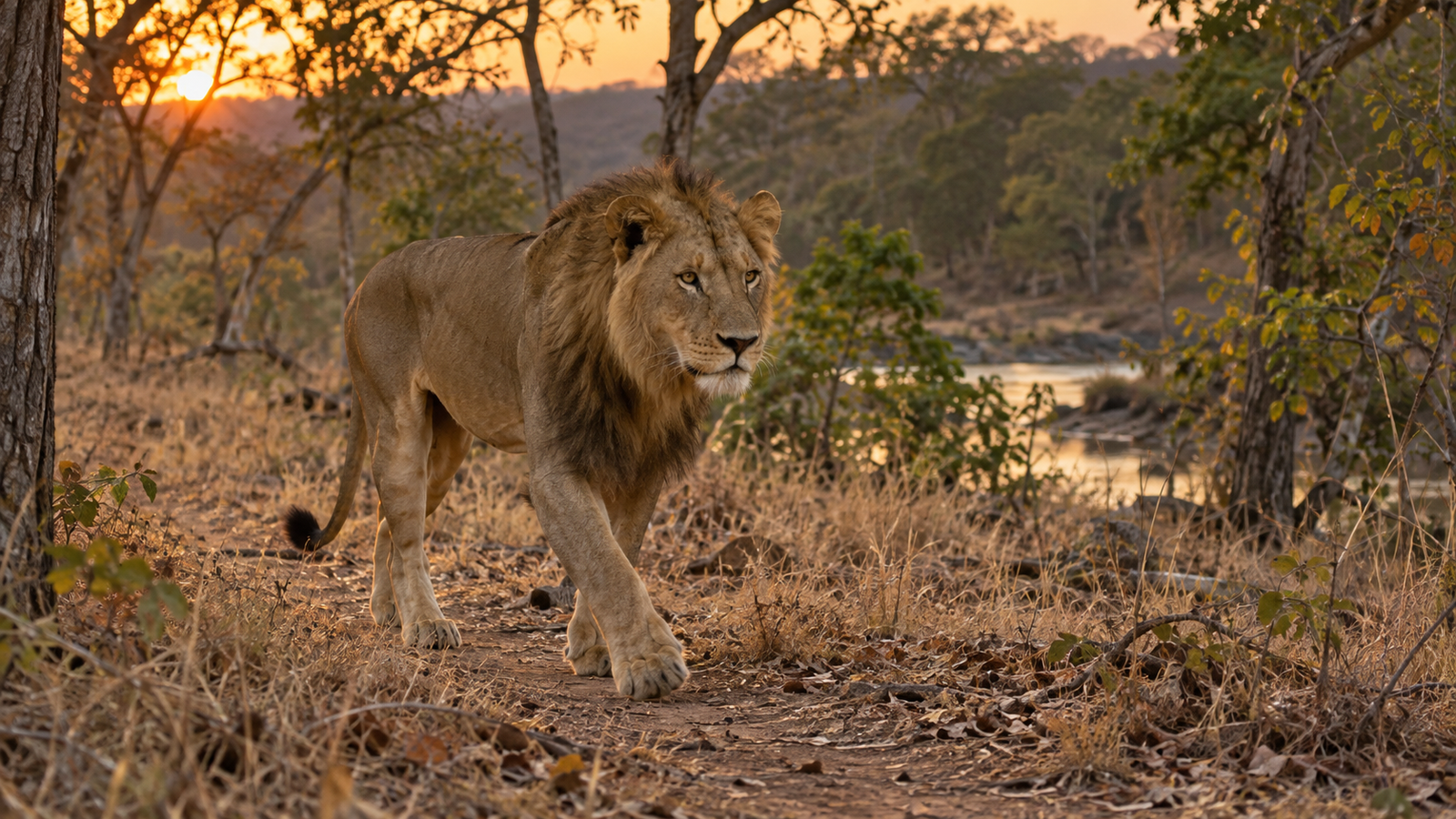 A West African lion standing in the wooded savanna of Niokolo-Koba National Park in Senegal