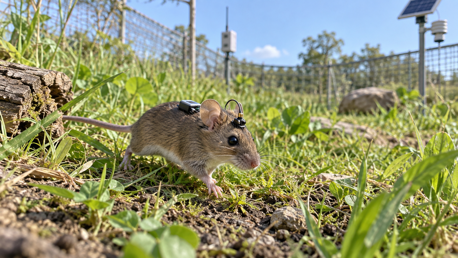 Mouse wearing a tiny wireless neural datalogger in a field enclosure